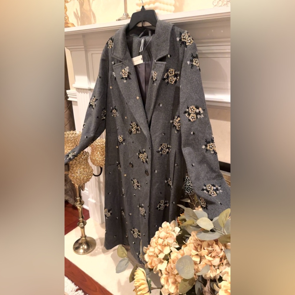 Anthropologie Gray Floral Embroidered Elegant Long Coat🖤🩶 - Picture 8 of 15